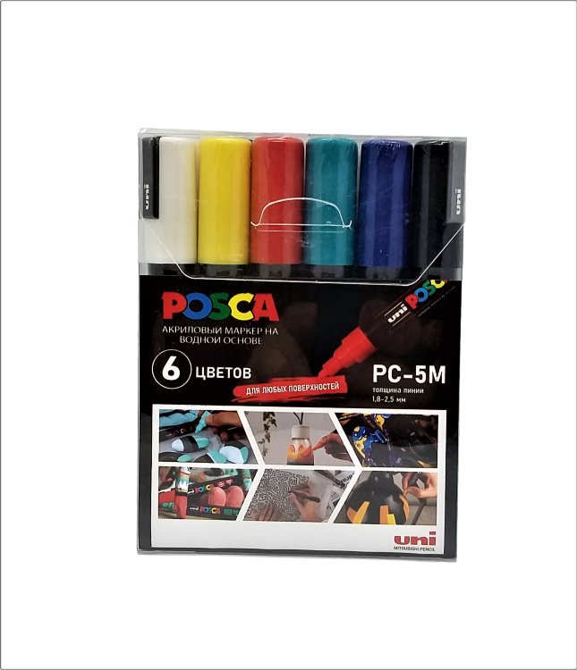 Маркер набор 6 шт. POSCA PC-5М № 5 (белый, серебрянный, желтый, красный, синий, изумрудно-зеленый)
